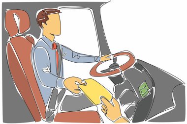 Erkek sürücüyü çeken tek sıra, yolcudan otobüs bileti alır. Duraktan yeni yolcular geliyor. Çalışıyorum. Transit Sürücü Takdir Günü. Bir çizgi tasarımı vektör illüstrasyonu