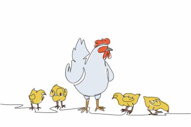 Single continuous line drawing a mother hen standing surrounded by her chicks. Open farming. Chickens are not easily stressed. Quality eggs. National Poultry Day. One line design vector illustration