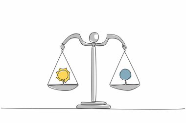 Bir çizgi sürekli olarak Güneş 'i soldan, dolunayı ise diğer taraftan çeker. Dengeli. Gece ve gündüz aynı uzunluktadır. Bahar ekinoksu. Tek çizgi çizimi tasarım vektör çizimi