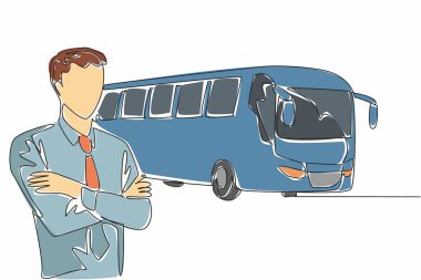 Tek bir çizgi, erkek sürücüyü göğsüne çiziyor. Onarımlar yapıldı. Otobüs yakında garajdan çıkmış olacak. Transit Sürücü Takdir Günü. Devamlı çizgi tasarımı grafik çizimi