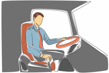 Devamlı bir hat, otobüs aktarımı yapan erkek sürücüyü çekiyor. Çeşitli duraklardan yolcuları almaya hazırız. İşçi. Transit Sürücü Takdir Günü. Tek çizgi çizimi tasarım vektör çizimi