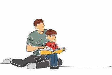 Babamın kucağında oturan tek sıra çizen çocuk. Yerde oturup kitap okuyarak rahatlamak. Kitapları ilginç bir şey yap. Uluslararası Bana Oku Günü. Bir çizgi tasarımı vektör illüstrasyonu