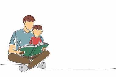 Tek bir çizgi babasının kucağında oturan ve bacak bacak üstüne atmış bir çocuk çiziyor. Bilim okuyorum. Eğlenceli aktiviteler. Akıllıca. Uluslararası Bana Oku Günü. Devamlı çizgi tasarımı grafik çizimi