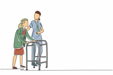 Genç kadın eylemcilerin çizdiği tek çizgi yaşlı bir büyükannenin yürüteçle yürümesine yardımcı oluyor. Bağlılıkla ilgilenmek. Minnettarlığını arttır. Dünya Sosyal Hizmetler Günü. Bir çizgi tasarımı vektör illüstrasyonu