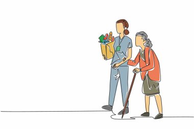 Genç bir kadının çizdiği bir çizgi, yaşlı büyükannenin değnekle yürümesine yardımcı oluyor. Yaşlıların yükünü hafifletmeye yardımcı olur. Gönüllü. Dünya Sosyal Hizmetler Günü. Tek çizgi çizimi tasarım vektör çizimi
