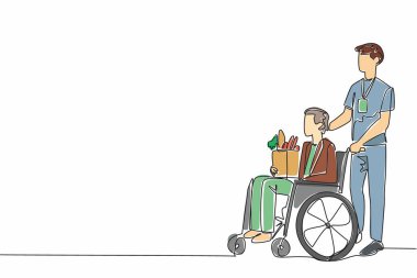 Tek sıra çizen adam yaşlı dedeyi tekerlekli sandalyeye oturtmaya yardım ediyor. Yaşlılara odaklanan gönüllüler. Şefkatli ve sevgi dolu. Dünya Sosyal Hizmetler Günü. Bir çizgi tasarımı vektör illüstrasyonu