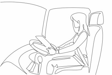 Tek sıra halinde, elinde dosya tutan kadın sürücü çiziyor. Verilerdeki gerçek yolcu sayısını tekrar kontrol et. Mekik. Transit Sürücü Takdir Günü. Devamlı çizgi tasarımı grafik çizimi