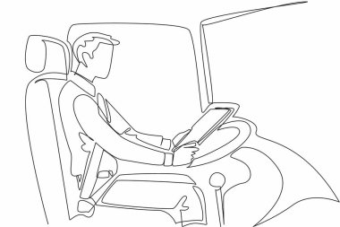 Devamlı tek sıra halinde, elinde dosya tutan erkek sürücü çiziyor. Profesyonelce çalışıyorum. Tüm verileri kontrol ediyorum. Etkileyici bir yolculuk. Transit Sürücü Takdir Günü. Tek çizgi çizimi tasarım vektör çizimi