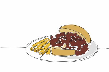 Tek sıra halinde yuvarlak tabakta servis edilen kıymalı sandviçler ve patates kızartmaları. Çıtır patates kızartması. Lezzetli ve lezzetli et. Dolu. Ulusal Sloppy Joe Günü. Bir çizgi tasarımı vektör illüstrasyonu