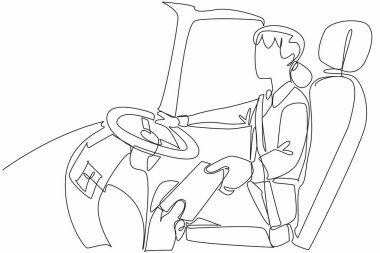 Kadın sürücüyü çeken bir hat sürekli olarak yolcudan otobüs bileti alır. Yolculuğa başlamadan önce yapılan işlemler. Kurallar. Transit Sürücü Takdir Günü. Tek çizgi çizimi tasarım vektör çizimi