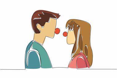 Tek sıra halinde, karı koca birbirlerine yuvarlak kırmızı burunlarıyla bakıyorlar. Rahatlayın ve birbirinizi güçlendirin. Palyaço gibi davranıyorsun. Çok komik. Kırmızı Burun Günü. Bir çizgi tasarımı vektör illüstrasyonu