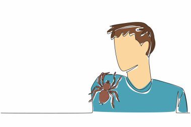 Single continuous line drawing a large spider stuck to a man's sleeve. Keeping tarantulas as pets. A popular pet. Unique courage. Brave. National Save a Spider Day. One line design vector illustration clipart