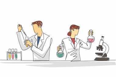 Bilim insanlarını bir laboratuvarda bir arada çeken tek bir çizgi. Kendi alanında ciddi şekilde çalışan kimyagerler. Test tüpünde deneme testi. Bilim adamları gününü kutlayın. Bir çizgi tasarımı vektör illüstrasyonu
