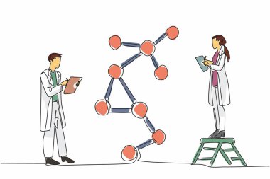 Tek sıra halinde, erkek ve kadın bilim adamları not alıyor. Atomik yapıdaki değişiklikleri gözlemlemek. Analiz et. Bilim adamları gününü kutlayın. Bir çizgi tasarımı vektör illüstrasyonu