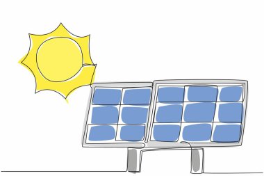 Devamlı bir çizgi büyük güneş panelleri ve güneş panelleri çiziyor. Güneş enerjisi güneş panellerine aktarılıyor. Alternatif elektrik enerjisi. Güneş Değerlendirme Günü. Tek çizgi çizimi tasarım vektör çizimi