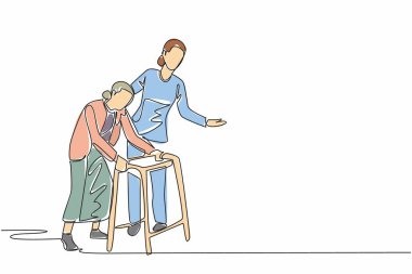 Bekçi çizen tek çizgi yürüteç kullanan yaşlı bir büyükanneye rehberlik eder. Kendini her zaman hasta sağlığına adamıştır. Bakıcı Takdir Günü. Devamlı çizgi tasarımı grafik çizimi