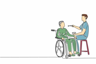 Bakıcının çizdiği tek çizgi oturur ve yaşlı bir büyükbabanın tekerlekli sandalyede oturduğu kaşıkla beslenir. En iyi bakımı sağlıyorum. Bakıcı Takdir Günü. Devamlı çizgi tasarımı grafik çizimi
