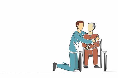 Sürekli bir çizgi çekerek erkek bakıcı diz çöker ve yaşlı büyükbabayı tekerlekli sandalyede otururken kucaklar. Psikolojik destek sağlayın. Bakıcı Takdir Günü. Tek çizgi çizimi tasarım vektör çizimi