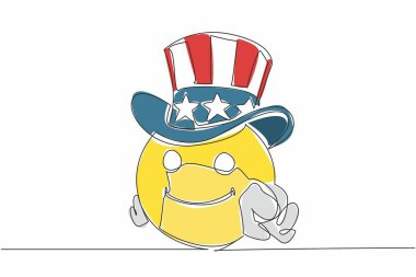 Sürekli çizilen tek çizgi, önünü gösteren bir jestle Amerikan şapkası takıyor. Sam Amca pozu. Maskot olarak kullanılabilecek bir Emoji. Canlı karakter. Bir çizgi tasarımı vektör illüstrasyonu