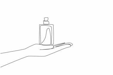 Tek sıra halinde, açık avuca parfüm şişesi yerleştirilmiş. Erkek parfümü şişesi. Üniseks şekli değil. Erkek parfümü. Sportif. Parfüm. Ulusal Koku Günü. Devamlı çizgi tasarımı grafik çizimi