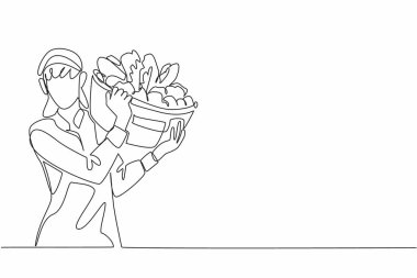 Sebzelerle dolu bir sepet taşıyan kadın çiftçi çizmeye devam ediyor. Yeniden pazarlanacaktır. Çok kârlı. Ulusal Tarım Günü. Tek çizgi çizimi tasarım vektör çizimi
