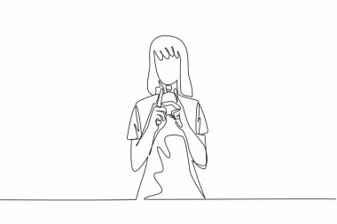 Single continuous line drawing woman holding perfume bottle with both hands. Amazing fragrance. Offer to try its uniqueness. Extraction. National Fragrance Day. One line design vector illustration clipart