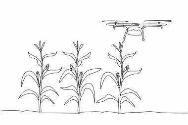 Tek sıra halinde, su tankı olan tarımsal dronları mısır tarlalarına çekiyorlar. Modern tarım. Yüksek teknoloji. Ulusal Tarım Günü. Devamlı çizgi tasarımı grafik çizimi