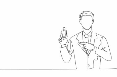 Takım elbiseli ve kravatlı adam sürekli parfüm kullanıyor. Ofise giderken her zaman kullanılan anakara parfümü. Ulusal Koku Günü. Tek çizgi çizimi tasarım vektör çizimi