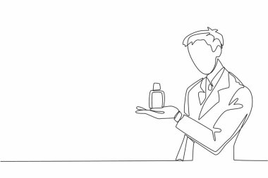 Sürekli çizen takım elbiseli adam avucunun içine parfüm şişesi koyuyor. Erkekliğin kokusu çok güçlüydü. İstikrar artıyor. Ulusal Koku Günü. Tek çizgi çizimi tasarım vektör çizimi