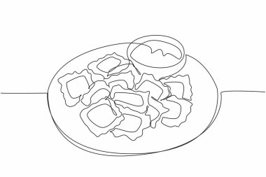 Yuvarlak bir tabakta servis edilen sürekli bir sıra ravioli. Hafta sonu vakit geçirmek için lezzetli atıştırmalıklar. Domates sosu tat katar. Ulusal Ravioli Günü. Tek çizgi çizimi tasarım vektör çizimi