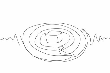 Çikolata girdabının üstüne sürekli karamel küpü çizen bir çizgi. İştahı açan bir reklam. Tatlı şeker. Ulusal Çikolata Karamel Günü. Tek çizgi çizimi tasarım vektör çizimi