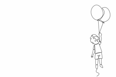 Sürekli bir çizgi halinde elinde mavi ve sarı balonlar tutan bir çocuk çiziyor. Neşeli ve aktif kalan bir çocuk. Mükemmellik. Dünya Down Sendromu Günü. Tek çizgi çizimi tasarım vektör çizimi