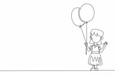 Tek elle sarı ve mavi balonlar tutan kızı çizmeye devam et. Jest yap. Başkalarına değer vermenin sembolü. Rahatsızlık. Dünya Down Sendromu Günü Tek çizgi tasarım vektörü illüstrasyonuName