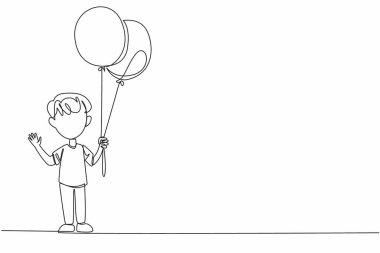 Sarı ve mavi balonları tek elle tutan tek sıra çizen çocuk. Güle güle hareketi. Her zaman neşeli hisset. Devre dışı. Eşitlik. Dünya Down Sendromu Günü. Bir çizgi tasarımı vektör illüstrasyonu