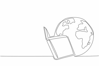 Devamlı tek satır halinde, dünyayı kucaklıyor ve kitap okuyor. Bilgiyi arttırmak için okumak. Olabildiğince yüksek hayaller peşinde koşmak. Dünya Hikaye Anlatım Günü. Tek çizgi çizimi tasarım vektör çizimi