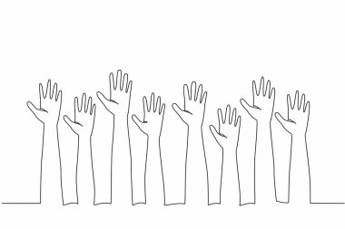 Tek sıra halinde, açık avuçlarla sekiz el kaldırıyor. Farklı kol uzunluklarına sahip. Bir sürü çeşitlilikle mükemmel kal. Eşitlik. Dünya Down Sendromu Günü. Bir çizgi tasarımı vektör illüstrasyonu