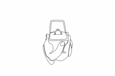 Elmas yüzüklü bir yüzük kutusunu tutan adamın elini çizen tek bir çizgi. Romantik evlilik teklifi kavramı. Nişanlı. Ulusal Teklif Günü. Devamlı çizgi tasarımı grafik çizimi