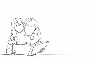 Bir satırda, kitap okuyan babasına arkadan sarılan bir çocuğu çiziyor. Etkileyici. Minnettarlığımın bir ifadesi. Uluslararası Bana Oku Günü. Devamlı çizgi tasarımı grafik çizimi