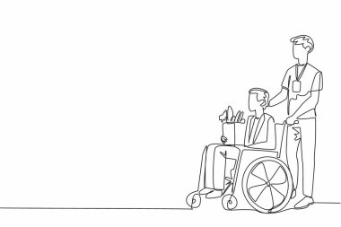 Tek sıra çizen adam yaşlı dedeyi tekerlekli sandalyeye oturtmaya yardım ediyor. Yaşlılara odaklanan gönüllüler. Şefkatli ve sevgi dolu. Dünya Sosyal Hizmetler Günü. Bir çizgi tasarımı vektör illüstrasyonu