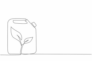 Tek sıra halinde, bir sapı ve bir yaprak resmiyle bidonu çiziyor. Yakıt rezervlerini doldurun. Doğal yakıt. Doğaya bir zarar yok. Ulusal Biyodizel Günü. Bir çizgi tasarımı vektör illüstrasyonu