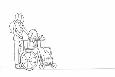 Tekerlekli sandalyede oturan yaşlı büyükanneyi iten bir kadın çiziyor. Gönüllüler içtenlikle çalışır. Her zaman yardıma hazırım. Dünya Sosyal Hizmetler Günü. Tek çizgi çizimi tasarım vektör çizimi