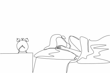 Single continuous line drawing young woman sleeping covered with alarm clock nearby. Deep asleep. Still have to be awake when the alarm goes off. World Sleep Day. One line design vector illustration clipart