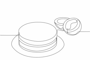 Single one line drawing coconut torte on a round plate. The old coconut is split. Delicious cake with coconut cream. Sweet. National Coconut Torte Day. Continuous line design graphic illustration clipart