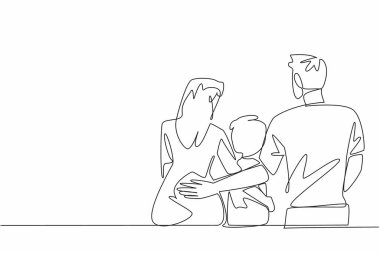 Sürekli bir çizgi çizerek anne ve baba oturur ve oğlanı kucaklar. Hiç durmadan sevmek. Gereken sevgiyi gösteriyorum. Uyumlu. Anne ve Baba Günü 'nü bağışla. Tek çizgi çizimi tasarım vektör çizimi