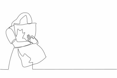 Sürekli yastığa sarılan bir kadın çiziyor. Rahat hissediyorum. Dinlenmem lazım. Çabuk yatak odasına. Uyku ve tatlı rüyalar görme zamanı. Dünya Uyku Günü. Tek çizgi çizimi tasarım vektör çizimi