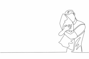 Yastığa sarılan bir adamın sürekli çizdiği tek çizgi. Çok uykum var. Yatak odasına git ve uyumaya devam et. Tatlı bir rüya diliyorum. Dünya Uyku Günü. Bir çizgi tasarımı vektör illüstrasyonu