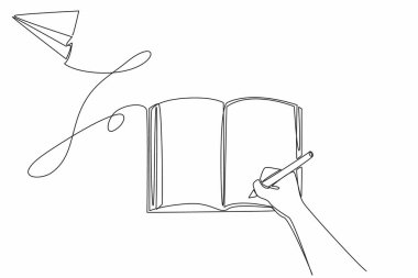 Sürekli tek satır halinde el ele tutuşup açık bir kitaba kalem yazıyorlar. Hatırlaması zor formülleri not al. Uluslararası Matematik Günü. Tek çizgi çizimi tasarım vektör çizimi