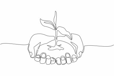 Devamlı bir çizgi, çiçek açan bitkilerle dolu bir toprak yığınını tutan iki el çiziyor. Bir sürü ağaç dikmek için bir davetiye. Taze. Ulusal Bitki Bir Çiçek Günü. Tek çizgi çizimi tasarım vektör çizimi