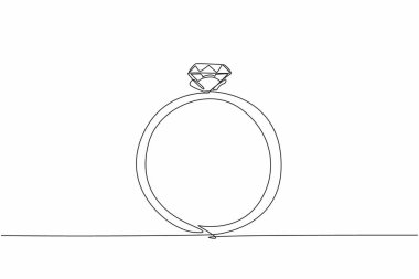 Lüks elmas yüzüğü çizen tek sıra. Bir sevgiliye evlenme teklif etmek. Sevgili karım için bir hediye. Gemstone parlıyor. Hediye. Ödül. Parlak. Ulusal Mücevher Günü. Bir çizgi tasarımı vektör illüstrasyonu