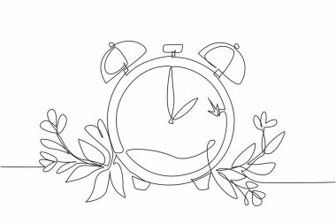 Single one line drawing alarm clock shows 2 o'clock with leaves and flowers. Waiting for time change. Prepare by creating a reminder. Daylight Saving Time. Continuous line design graphic illustration clipart